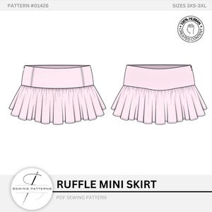 May include: A light pink ruffle mini skirt pattern, shown from the front and back views. The pattern includes sizes 3XS-3XL. The text "RUFFLE MINI SKIRT" and "PDF SEWING PATTERN" are displayed. The image also includes the text "100% HUMAN CREATED CONTENT".