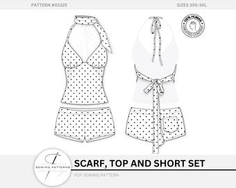Tie Up Top With Scarf + Mini Shorts Sewing Pattern Set Digital Download