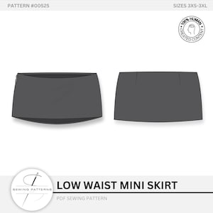 Patrón de costura para minifalda de talle bajo con pinzas y cremallera abierta, descarga digital