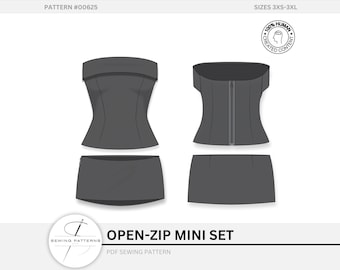Strapless Corset Top & Mini Skirt Sewing Pattern: Open-Zip Bodice (PDF Download)