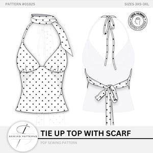 May include: A black and white polka dot tie-up top with a scarf, shown from the front and back. The top has a halter neck and a bow at the back. The text "TIE UP TOP WITH SCARF" is displayed below the image, along with "PDF SEWING PATTERN".