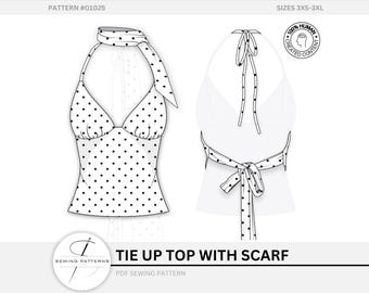 Top met strikceintuur en sjaal Naaipatroon overhemdblouse Digitale download