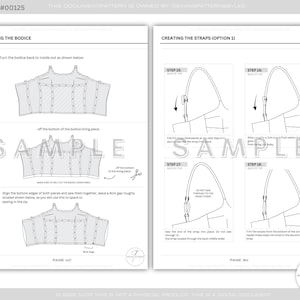 Puede incluir: Una gu&iacute;a digital de patrones de costura con instrucciones y diagramas detallados. Las p&aacute;ginas muestran los pasos para cerrar un corpi&ntilde;o y crear correas, incluyendo diagramas e instrucciones de texto. La palabra "SAMPLE" est&aacute; en marca de agua.