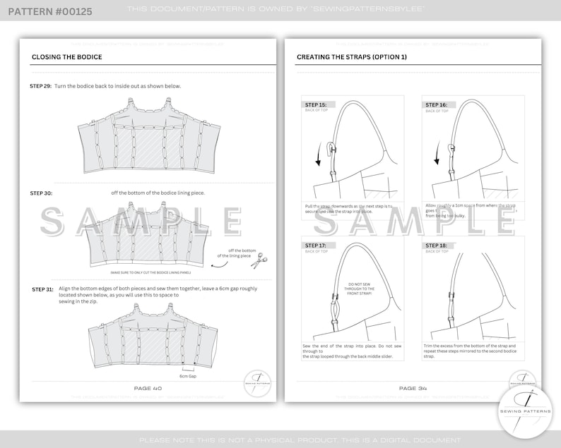 Puede incluir: Una gu&iacute;a digital de patrones de costura con instrucciones y diagramas detallados. Las p&aacute;ginas muestran los pasos para cerrar un corpi&ntilde;o y crear correas, incluyendo diagramas e instrucciones de texto. La palabra "SAMPLE" est&aacute; en marca de agua.