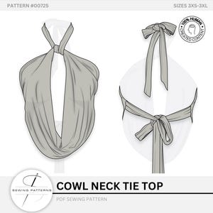Może przedstawiać: Rysunek szarego topu z wiązaniem na szyi, pokazany z przodu i z tyłu. Projekt zawiera detale wiązania na szyi i w talii. Tekst na dole brzmi "COWL NECK TIE TOP" i "PDF SEWING PATTERN".