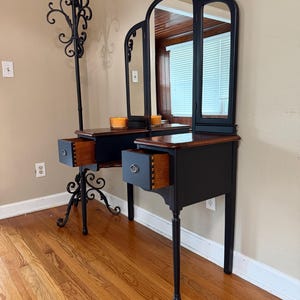 black leather dressing table Modern Black Makeup Vanity 2-Drawer Dressing Table with Mirror & Faux Leather StoolHomary
