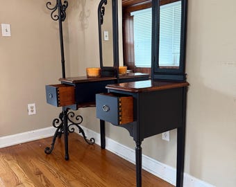 Vintage Satin Black & Oak Vanity with Tri-Fold Mirror | Refinished Makeup Vanity Desk | Entryway Dressing Table