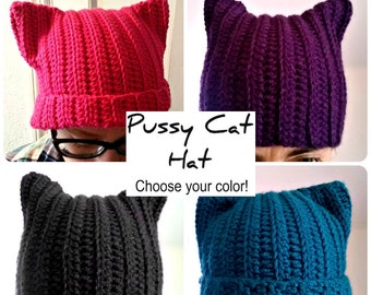 Cat Ear Hat, Crochet Cat Beanie, Women's Pussycat Hat, Made to Order