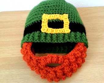 Leprechaun Beard Hat Baby to Adult Size, Crochet Green St. Patrick's Day Hat, Red Bearded Beanie, Made to Order Crochet Hat