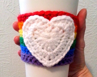 Rainbow Crochet Coffee Cup Sleeve with White Heart, Multicolor Cup Holder, Coffee Cozy, Rainbow Pride