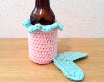 Mermaid Tail Crochet Cozy, Pink and Green Can Holder, Bottle Holder, Crochet Coffee Cozy, Drink Accessory