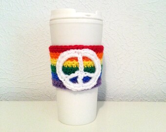 Rainbow Peace Crochet Cup Sleeve, Multicolor Cup Cozy, Rainbow Pride, White Peace Sign, Eco-friendly Drink Holder