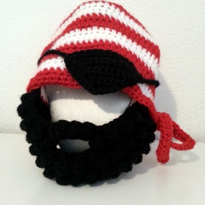 Crochet Pirate Hat for Babies to Adult Striped Beanie Hat with Black Beard and Pirate Eye Patch Kids Beard Hat image 1
