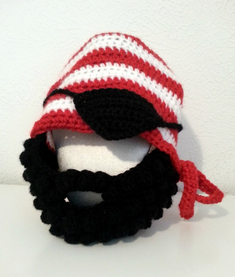 Crochet Pirate Hat for Babies to Adult Striped Beanie Hat with Black Beard and Pirate Eye Patch Kids Beard Hat image 1