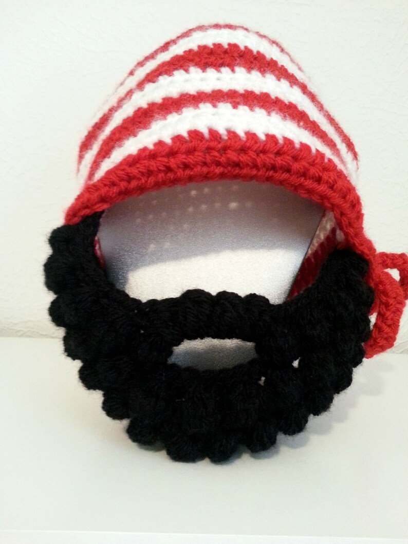 Crochet Pirate Hat for Babies to Adult Striped Beanie Hat with Black Beard and Pirate Eye Patch Kids Beard Hat image 2