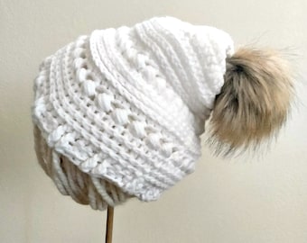 Bead Stitch Beanie White