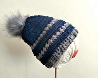 Bead Stitch Beanie Blue and Gray