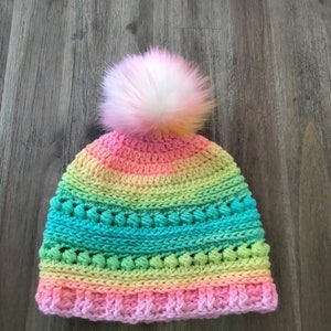 Retro Rainbow Beanie, Pastel Stripe Beanie with Pom Pom image 1