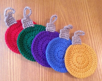 Christmas Ornament Set, Crochet Ornaments, Set of 5 Handmade Ball Ornament Coasters with Hanging Loop