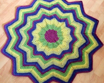 12-Point Star Blanket, Crochet Baby Blanket, Striped Throw, 45 Inches, Purple Green Yellow Pink