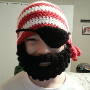 Crochet Pirate Hat for Babies to Adult Striped Beanie Hat with Black Beard and Pirate Eye Patch Kids Beard Hat image 5