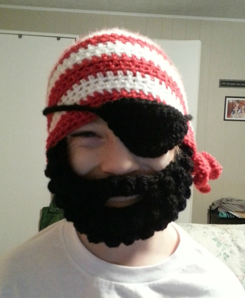 Crochet Pirate Hat for Babies to Adult Striped Beanie Hat with Black Beard and Pirate Eye Patch Kids Beard Hat image 5