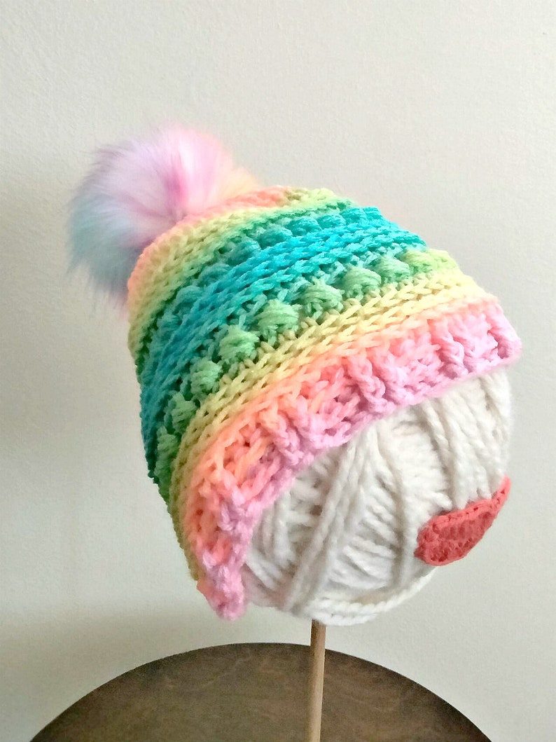 Retro Rainbow Beanie, Pastel Stripe Beanie with Pom Pom image 4