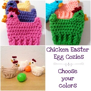 May include: A collection of handmade crochet chicken egg cozies in various colors, including pink, green, and blue. The image also shows crochet chicken figures and the text "Chicken Easter Egg Cozies. Choose your colors."