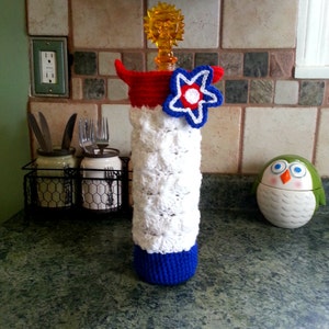 Crochet Wine Bottle Holder: Red, White, and Blue Acrylic Yarn Tote