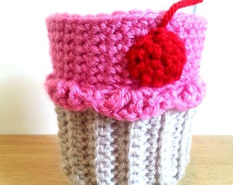 Pink Cupcake Coffee Cozy, Crochet Cupcake Cup Sleeve, Bottle Cozy or Can Cozy, Java Jacket