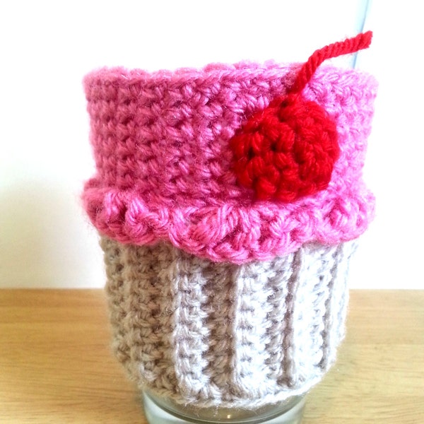 Pink Cupcake Coffee Cozy, Crochet Cupcake Cup Sleeve, Bottle Cozy or Can Cozy, Java Jacket