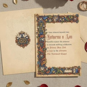 May include: Wedding invitation with ornate floral border in shades of green, blue, and orange. The invitation includes the names "Katherine & Leo" and event details. A matching envelope is visible.