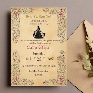 Invitación de cumpleaños de princesa medieval, tarjeta de fiesta temática de castillo y realeza, plantilla editable de Canva, imprimible, descarga instantánea