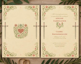 以下が含まれることがあります： 中世をテーマにした結婚式の招待状セット。クリーム色の背景に花と剣のイラストが描かれています。テキストには、Adeline Fairweather と Cedric Ravenshollow の名前が含まれています。