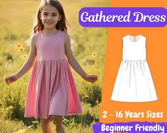 Girls Gathered Summer Dress Sewing Pattern  Children Dress Pattern  Cap Flared Sleeveless Girl Dress 2 - 12 Years Pattern Beginner Friendly