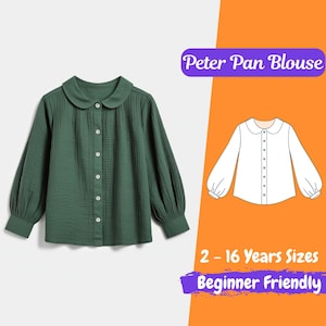 Op de afbeelding: Een groen Peter Pan blouse naaipatroon met een witte illustratie van het afgewerkte kledingstuk. Het patroon is voor maten 2-16 jaar en is geschikt voor beginners.