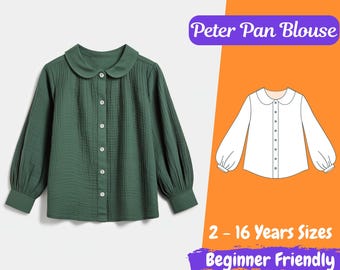 Kinder Peter Pan Kragen Bluse Schnittmuster Puffärmel Knopf Shirt PDF Pattern 2-16 Jahre Mädchen Musselin Baumwolloberteil Schnittmuster