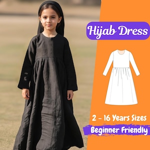 Może przedstawiać: Młoda dziewczyna w czarnej sukience z długim rękawem i pasującym nakryciu głowy. Obraz zawiera schemat sukienki oraz tekst "Hijab Dress", "2 - 16 Years Sizes" i "Beginner Friendly".