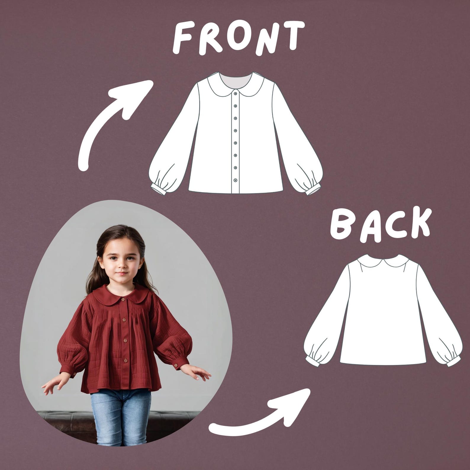 Girls Puff Sleeve Blouse Sewing Pattern Peter Pan Collar Shirt With ...