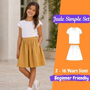 May include: A white short-sleeved top and a mustard yellow skirt set. The image includes the text Jade Simple Set and 2 - 16 Years Sizes Beginner Friendly, along with a white line drawing illustration of the top and skirt outfit.
