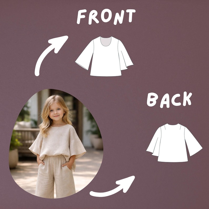 K&ouml;nnte beinhalten: Beiges Leinen-Outfit f&uuml;r Kinder, bestehend aus einem Oberteil mit ausgestellten &Auml;rmeln und einer passenden Hose mit weitem Bein. Das Bild zeigt die Vorder- und R&uuml;ckansicht des Oberteilmusters mit den W&ouml;rtern "FRONT" und "BACK" in Wei&szlig;. Ein junges M&auml;dchen tr&auml;gt das Outfit.