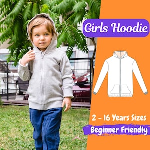 Girls Hoodie Sewing Pattern, Zipper Hoodie PDF Pattern, Pockets Pullover for Kids Sewing Pattern, 2-16 Beginner Friendly Pattern