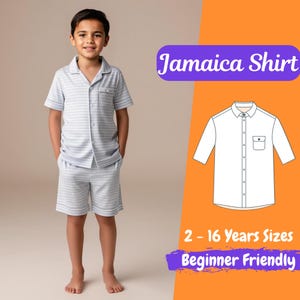May include: A young person wearing a light blue and white striped pajama set. The set includes a short-sleeved button-down shirt and matching shorts. The image also includes a diagram of a shirt and text that reads "Jamaica Shirt" and "2 - 16 Years Sizes Beginner Friendly."