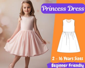 Girls Prom Dress PDF Sewing Pattern Sleeveless Kids Dress Pattern Summer Gathered Party Dress PDF Pattern for 2 - 16 Years Beginner Pattern