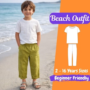 May include: A young child wearing a white t-shirt and olive green linen pants stands on a beach. The image includes a diagram of a matching outfit. Text on the image reads "Beach Outfit", "2 - 16 Years Sizes", and "Beginner Friendly".
