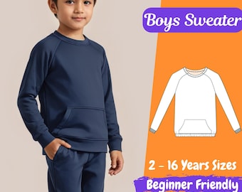 Boys Sweatshirt Sewing Pattern Kids Pullover with Pockets PDF Sewing Pattern, Easy Blouse for Kids Pattern, 2 - 16 Years Beginner Pattern