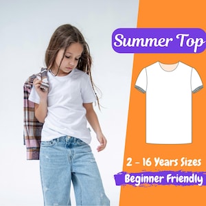 Peut inclure: Patron de couture pour un haut d'été blanc pour enfants, de 2 à 16 ans. Le patron est facile à réaliser et comprend un dessin au trait du haut.