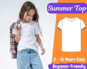 Girls T Shirt Sewing Pattern, Kids Easy Shirt Top PDF Pattern, Classic Short Sleeve Blouse Sewing Pattern for Girls