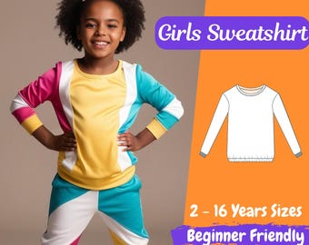 Sweatshirt Sewing Pattern for Girls Long Sleeve Easy Pattern Kids Sewing Pattern Pullover Beginner Pattern 2 - 16 Years Digital Pattern