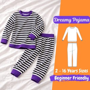 Puede incluir: Un conjunto de pijama a rayas blancas y negras con ribetes morados. La parte superior de manga larga y los pantalones se muestran sobre una superficie blanca. La imagen incluye el texto "Dreamy Pajama", "2 - 16 Years Sizes" y "Beginner Friendly".
